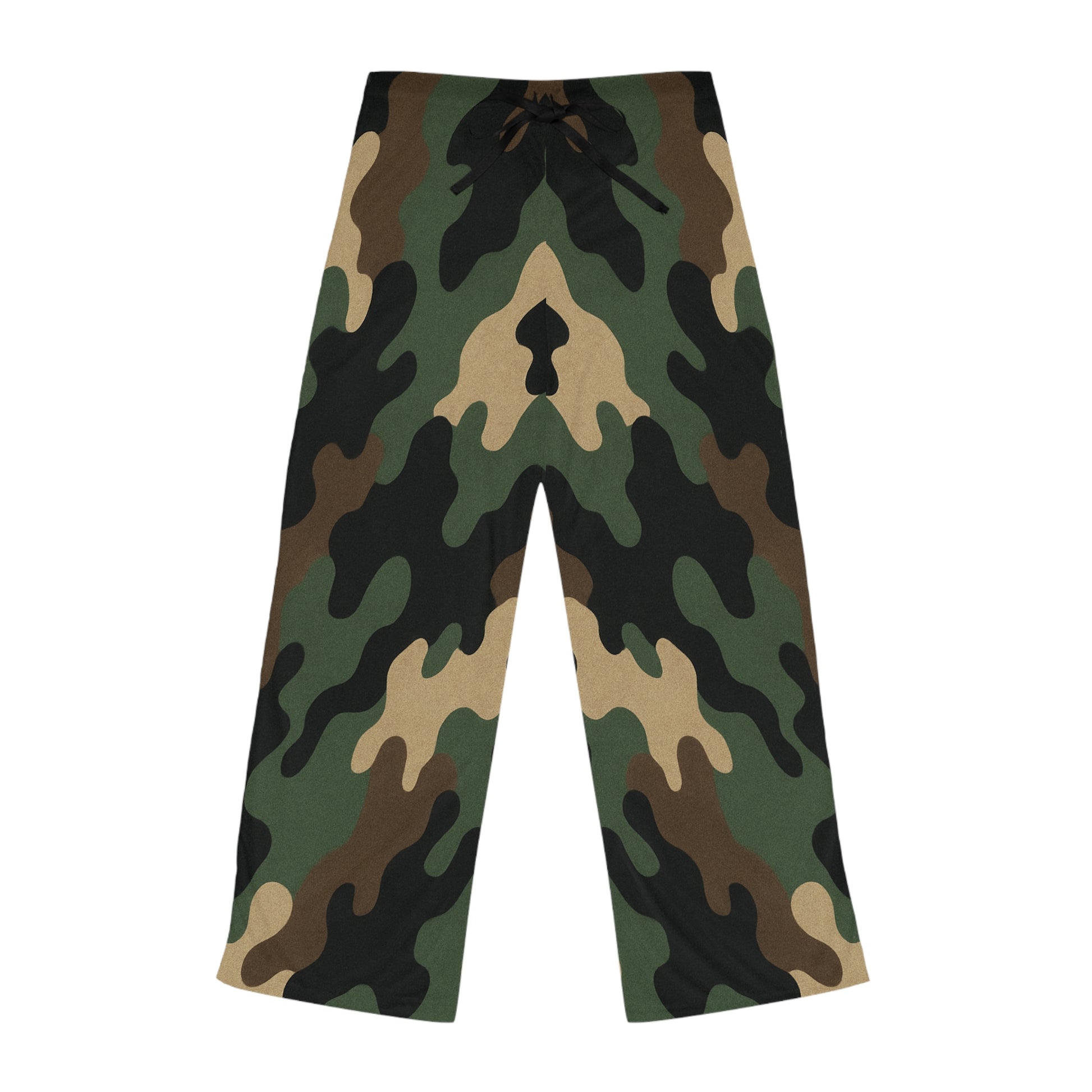 Women's camo lounge pajama pants with wide-leg fit and all-over print, comfortable sleepwear by Printify.