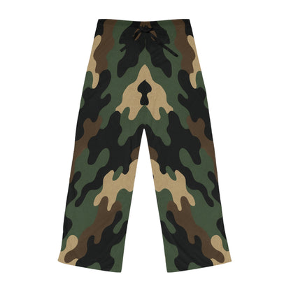 Women's camo lounge pajama pants with wide-leg fit and all-over print, comfortable sleepwear by Printify.