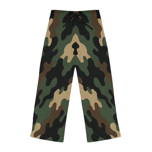 Women's camo lounge pajama pants with wide-leg fit and all-over print, comfortable sleepwear by Printify.