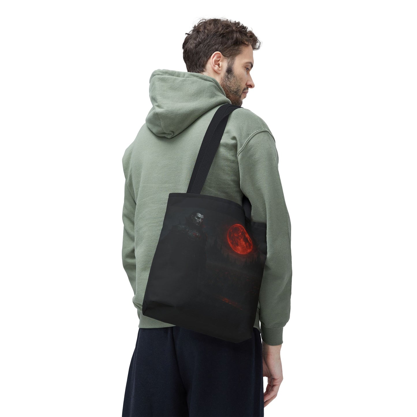 Gothic Dracula tote bag with moonlit vampire art, perfect for Halloween, by Printify. Durable fabric and bold design.