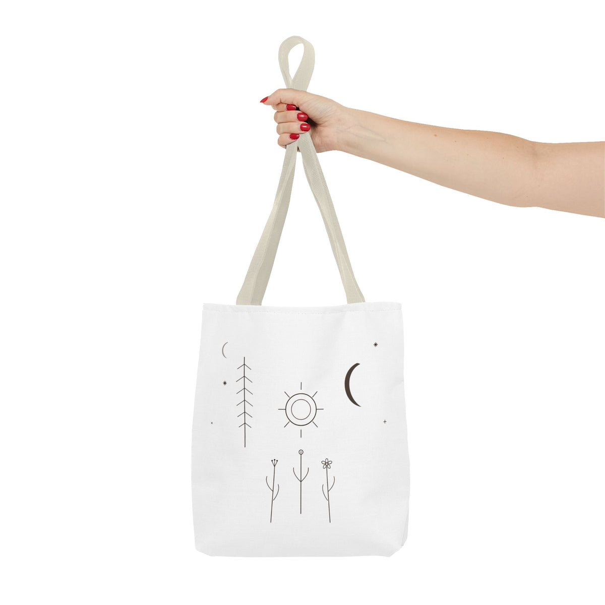 Minimal moon and sun botanical tote bag with celestial line art design by Printify, featuring natural botanical illustrations.