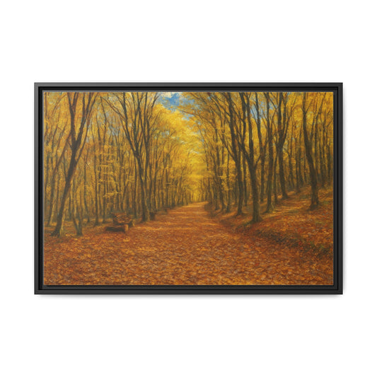 Autumn forest path matte canvas wall art by Printify showing a scenic woodland trail in vibrant fall colors.