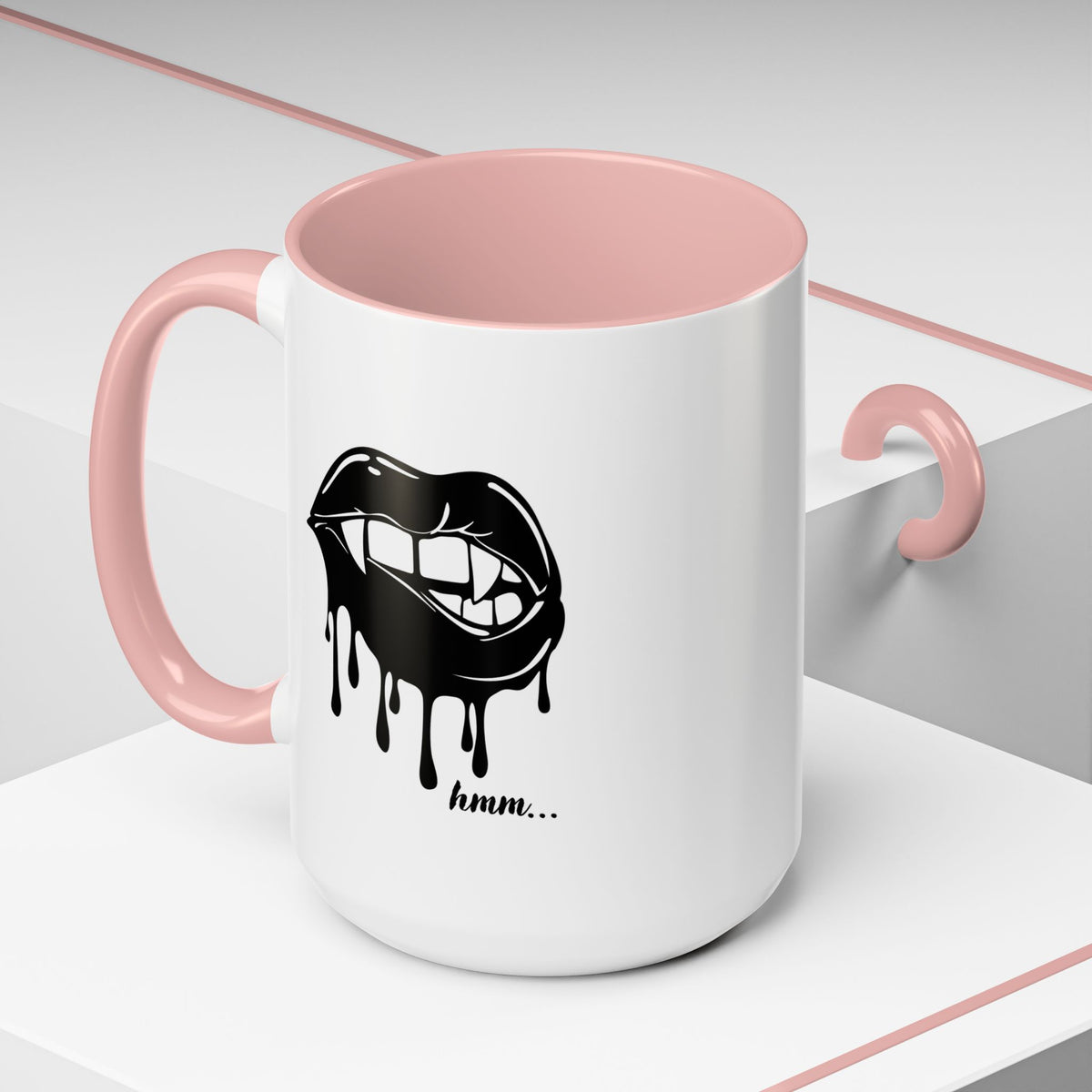 Black Dripping Lips coffee mug with bite graphic, 11oz or 15oz, featuring bold lip design on a ceramic mug.
