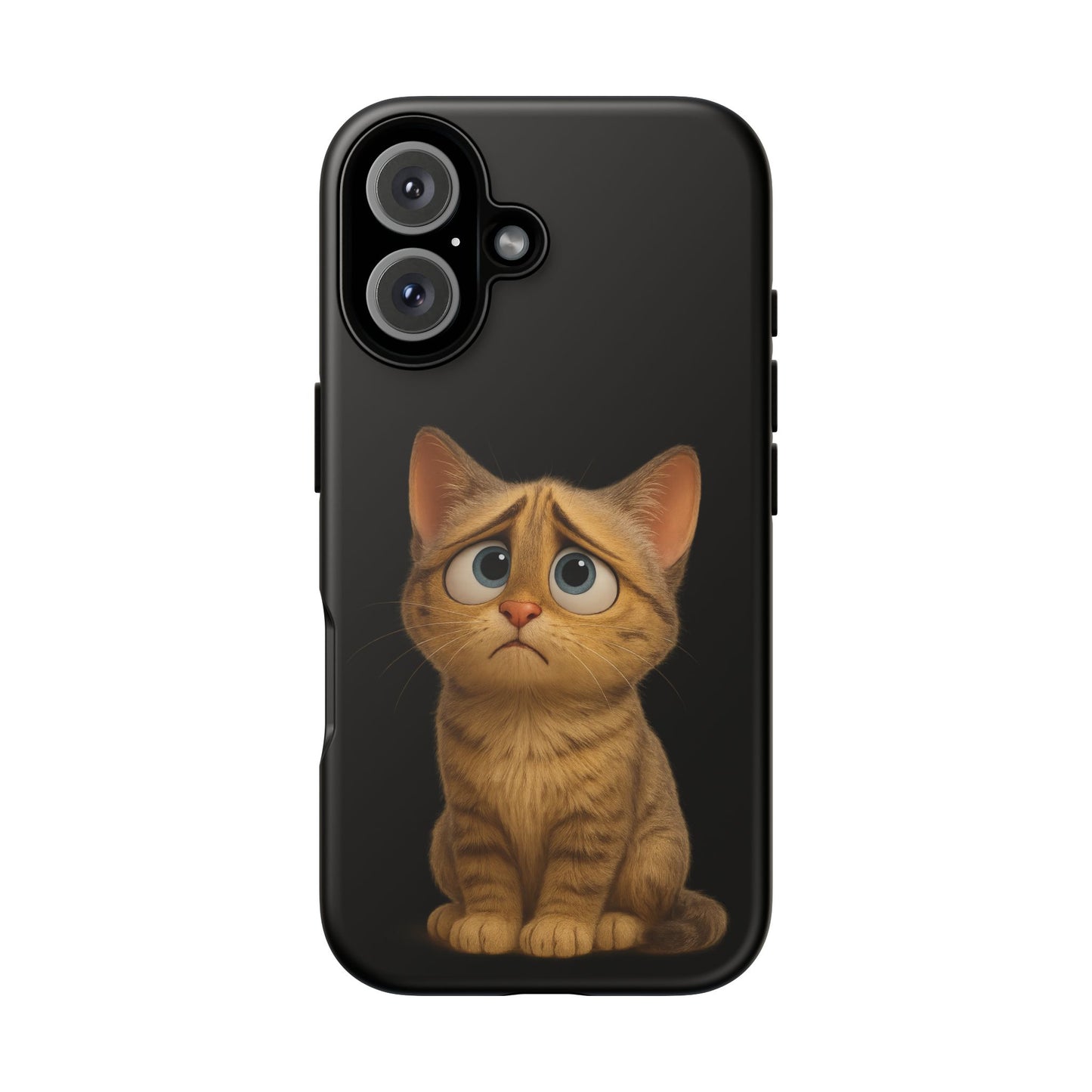 Cute sad kitty print phone case for iPhone, protective design featuring a sad kitten illustration by Printify.