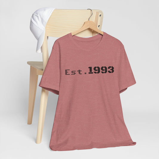 Vintage 1993 Est. T-shirt by Printify featuring a classic "Born in 1993" design on a casual cotton tee.