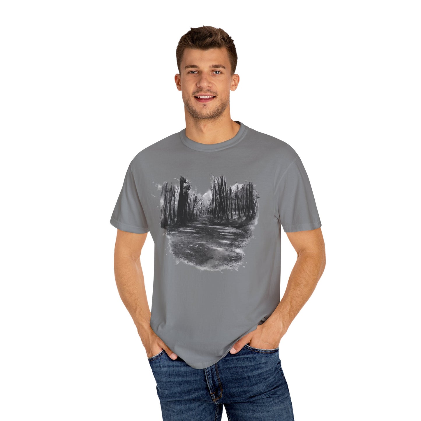 Artistic Forest Scene T-shirt | Nature Lover Gift, Outdoor Adventure Tee, Eco-Friendly Fashion, Vintage Inspired Clothing, Unisex Gift - TRV