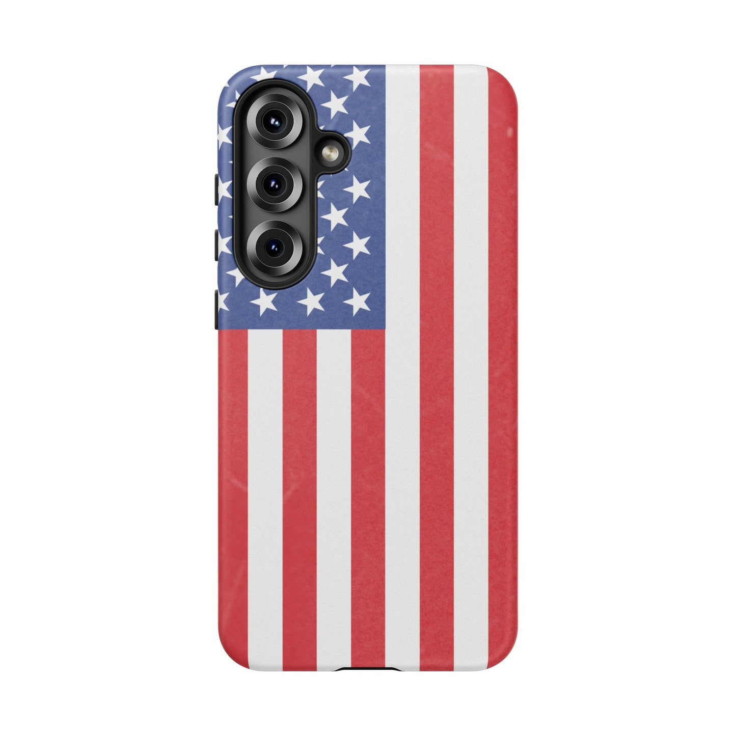American flag tough phone case for iPhone and Samsung, patriotic protective cover with bold flag design by Printify.