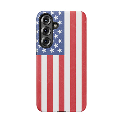 American flag tough phone case for iPhone and Samsung, patriotic protective cover with bold flag design by Printify.