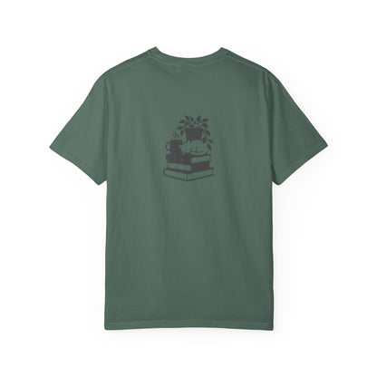 Cozy Cat on Books T-Shirt | Reading Tea Stack Illustration