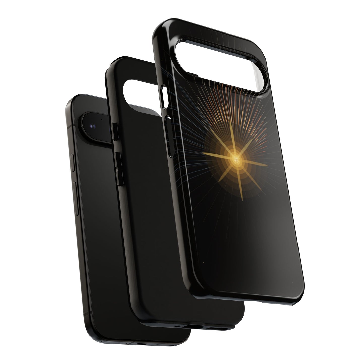 Tough Cases - Radiant Star Phone Case, Protective Black Shockproof Cover with Golden Light Design