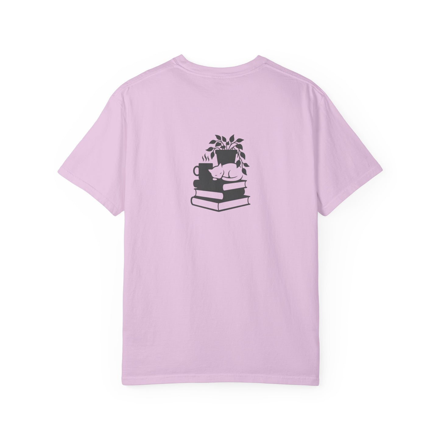 Cozy Cat on Books T-Shirt | Reading Tea Stack Illustration