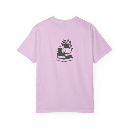 Cozy Cat on Books T-Shirt | Reading Tea Stack Illustration