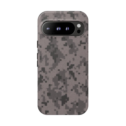 Gray digital camouflage phone case by Printify, tough protective cover with camouflage pattern for smartphones.