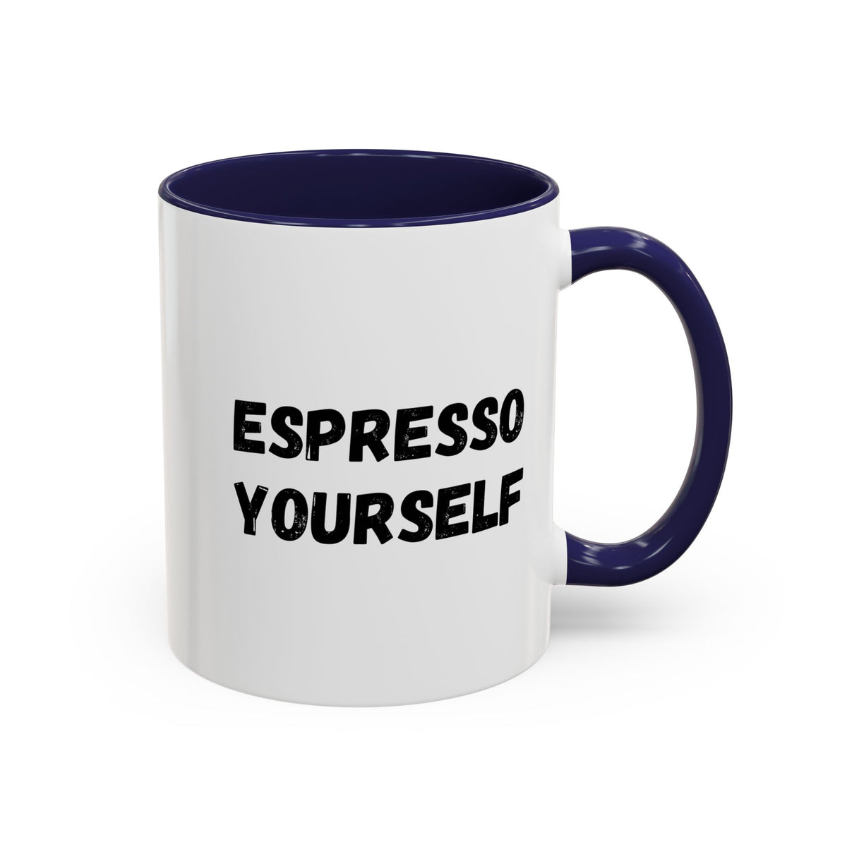 White ceramic Espresso Yourself coffee mug with humorous print, 11 oz size, ideal for coffee lovers.