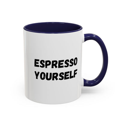 White ceramic Espresso Yourself coffee mug with humorous print, 11 oz size, ideal for coffee lovers.