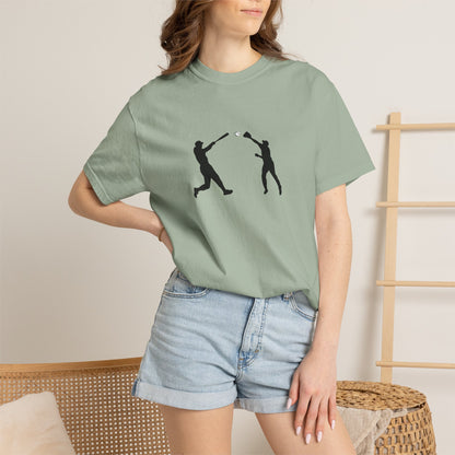 Black baseball silhouette graphic T-shirt for men featuring a minimal baseball player design, casual sportswear by Printify.