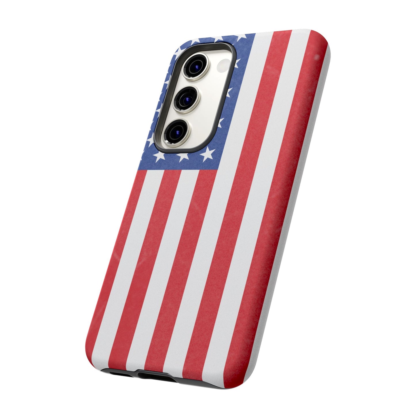American flag tough phone case for iPhone and Samsung, patriotic protective cover with bold flag design by Printify