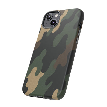 Rugged military green camo Printify phone case with protective cover for a smartphone, showcasing a tough, durable design.