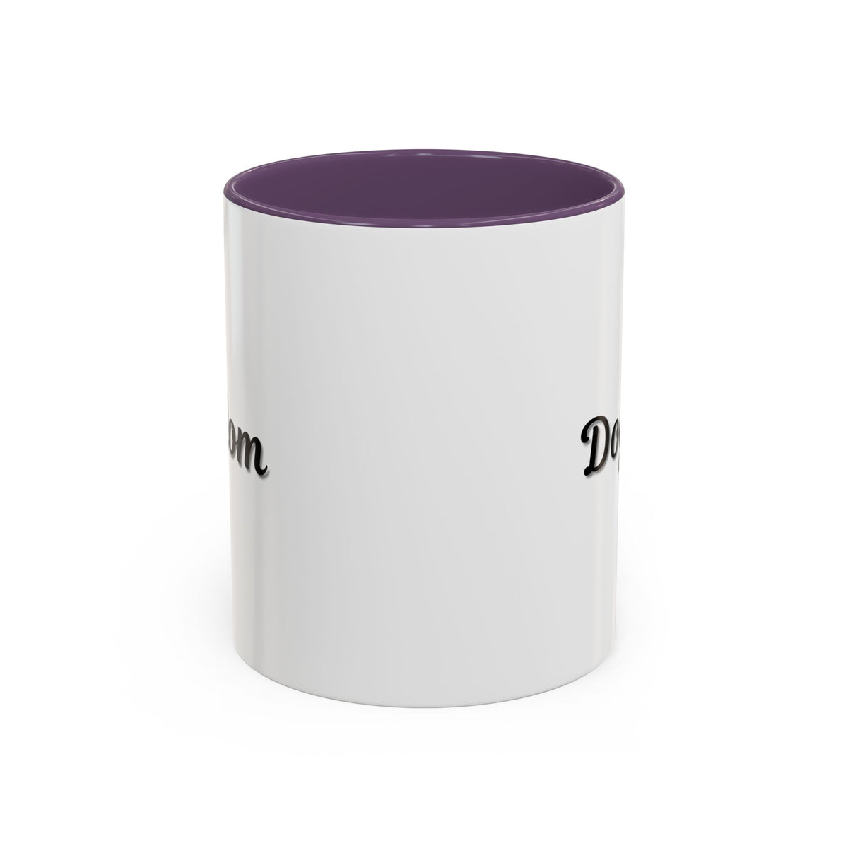 Dog Mom Accent Coffee Mug — white ceramic coffee mug with retro script "Dog Mom" print, colored interior and C-handle, 11oz/15oz, handle and interior color detail