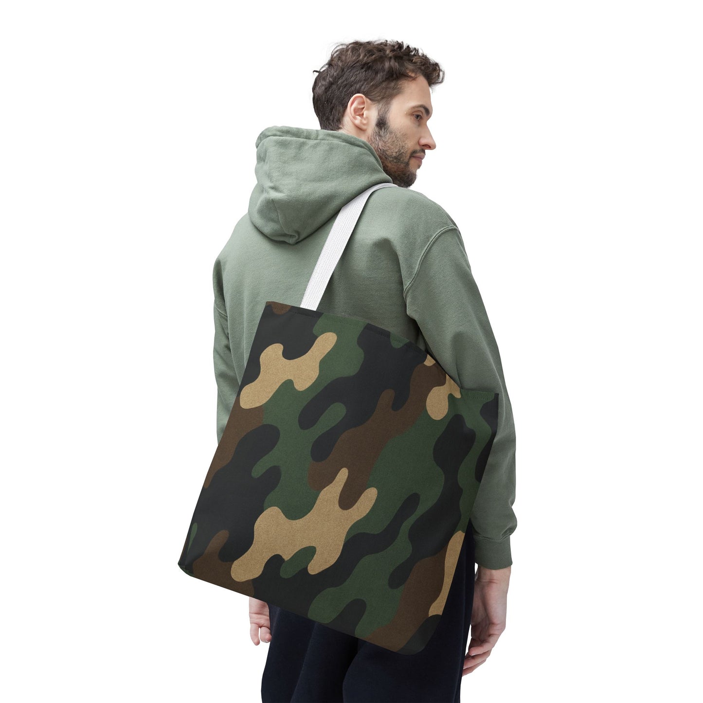 Camo pattern tote bag by Printify, all-over printed canvas carryall with sturdy handles, suitable for daily use and casual outings.