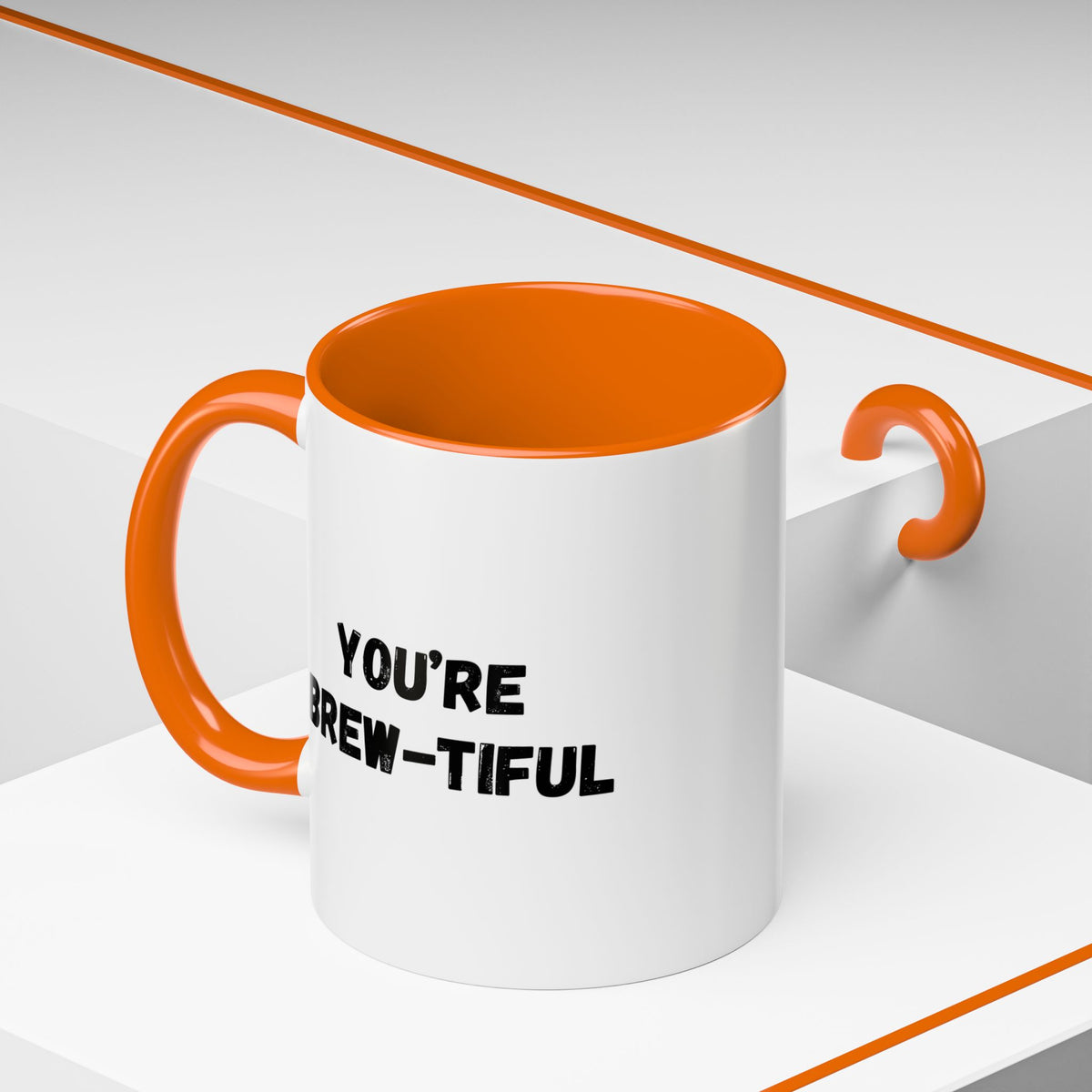 You’re Brew-tiful Coffee Mug – Cute Coffee Pun Accent Mug (11/15oz) — white ceramic accent mug with glossy finish and bold black “YOU’RE BREW-TIFUL” print, side profile view