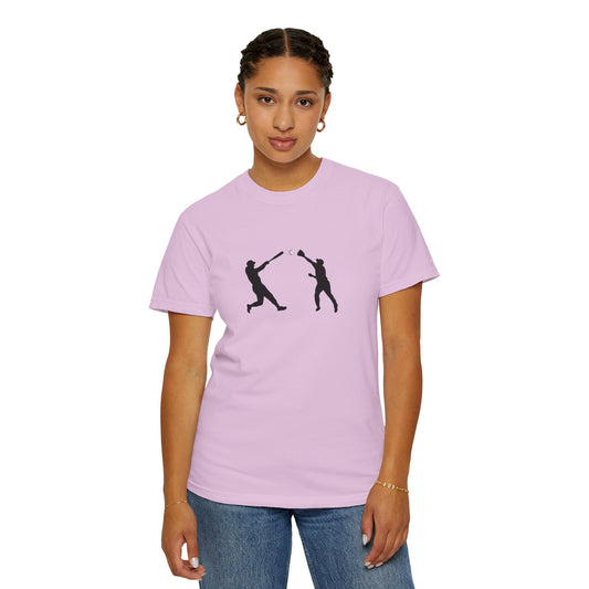 Minimalist baseball players silhouette graphic T-shirt by Printify, featuring a clean, stylish baseball-themed design for casual wear.