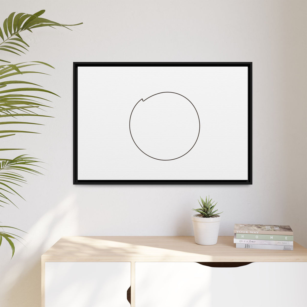 Framed matte canvas wall art featuring a minimal circular line design by Printify, showcasing modern, abstract wall decor.