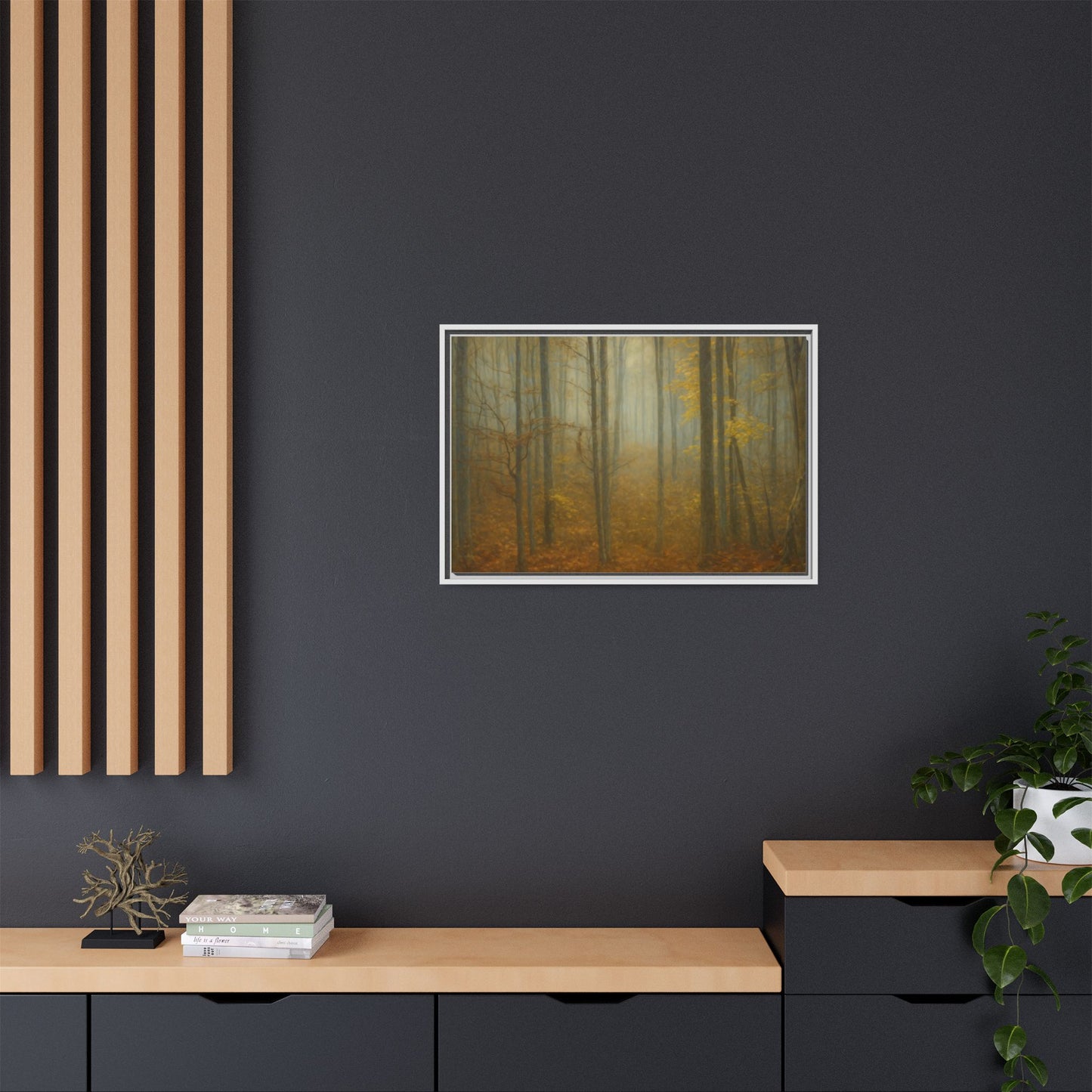 Framed matte canvas wall art featuring a misty autumn forest scene, showcasing vibrant fall colors and detailed natural imagery.