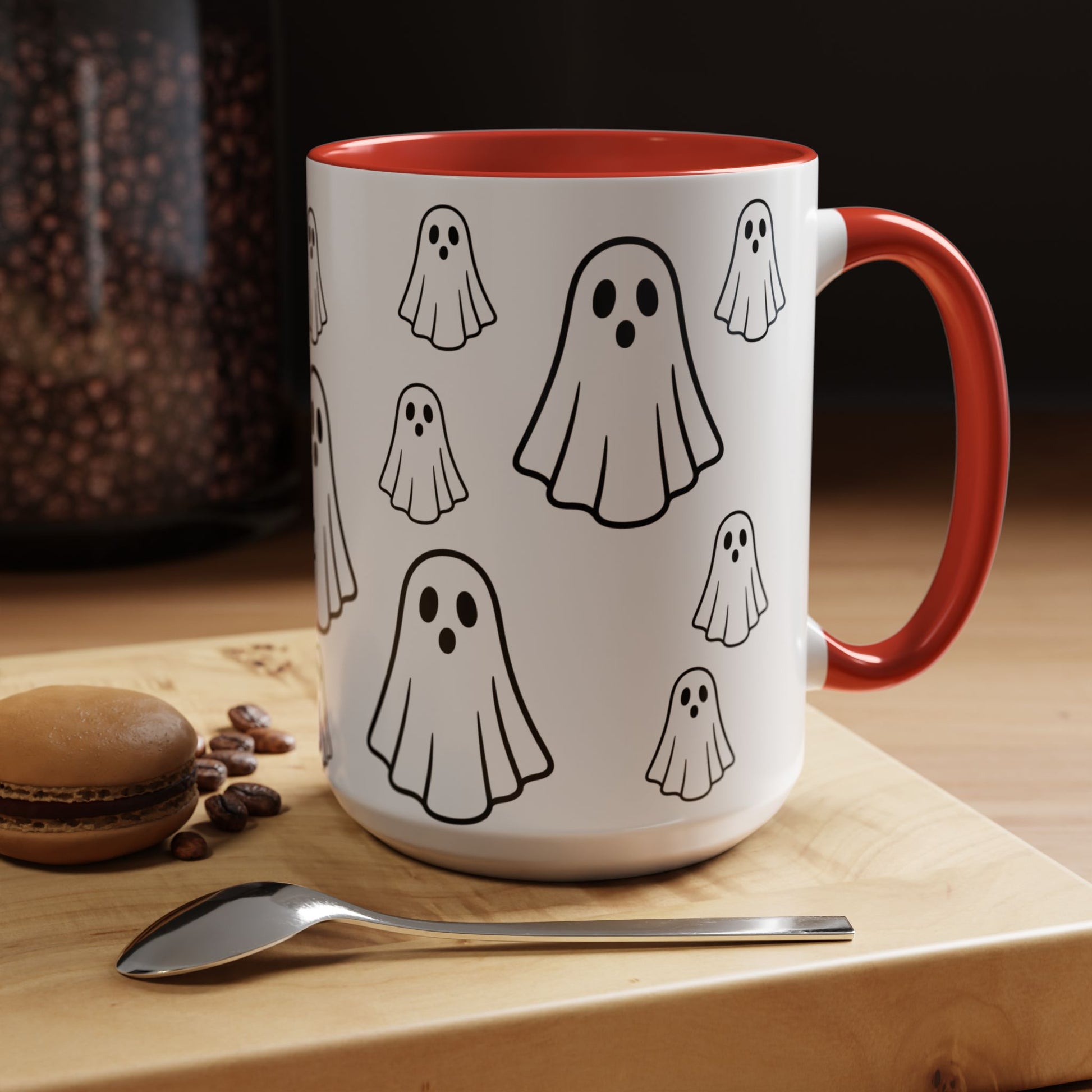Printify ghost pattern accent coffee mug featuring a cute Halloween ceramic design in 11oz or 15oz size.