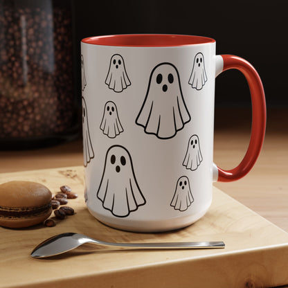 Printify ghost pattern accent coffee mug featuring a cute Halloween ceramic design in 11oz or 15oz size.