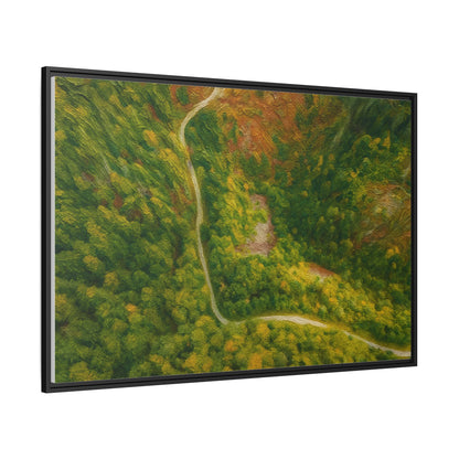 Colorful framed matte canvas wall art featuring an aerial forest path landscape by Printify, suitable for modern home decor.