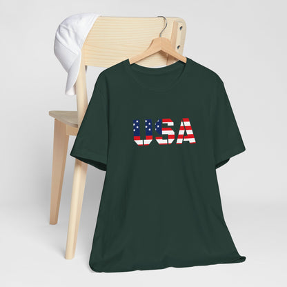 USA Flag Text Tee — Patriotic Fourth of July T-Shirt