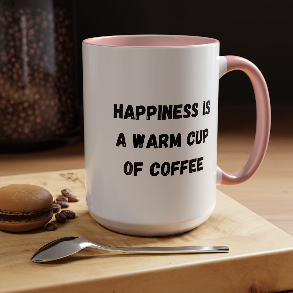 Ceramic coffee mug with "Happiness Is A Warm Cup Of Coffee" printed design, from Printify, featuring a white mug with black text.