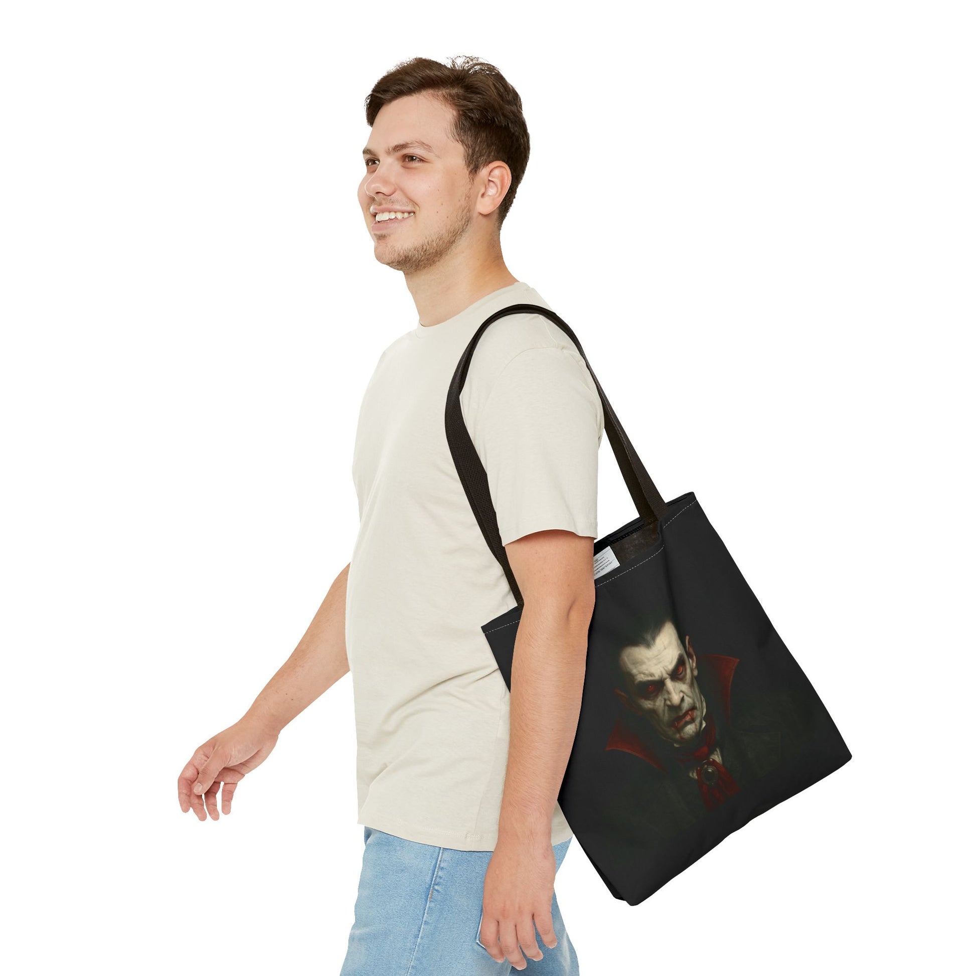 Black vampire-themed tote bag with spooky gothic design, ideal for Halloween accessories, by Printify.