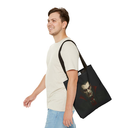 Black vampire-themed tote bag with spooky gothic design, ideal for Halloween accessories, by Printify.