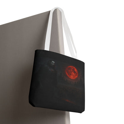 Black Gothic Dracula tote bag featuring moonlit vampire art, perfect for Halloween, by Printify.