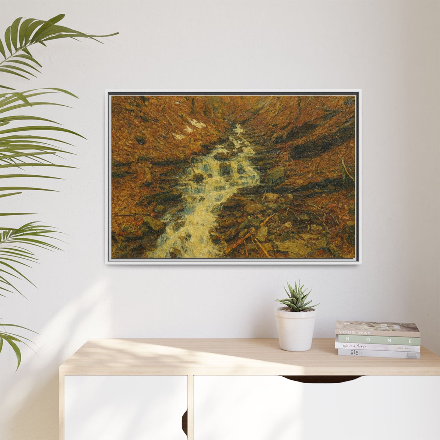 Framed matte canvas print of autumn stream landscape artwork by Printify, featuring vibrant fall colors and natural scenery.
