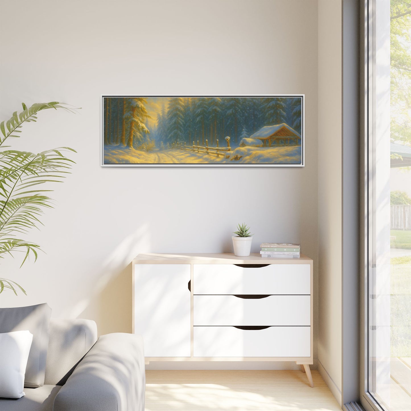 Framed winter cabin canvas print featuring a snowy forest sunset, wall art from Printify with vibrant winter landscape imagery.