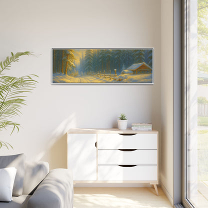 Framed winter cabin canvas print featuring a snowy forest sunset, wall art from Printify with vibrant winter landscape imagery.