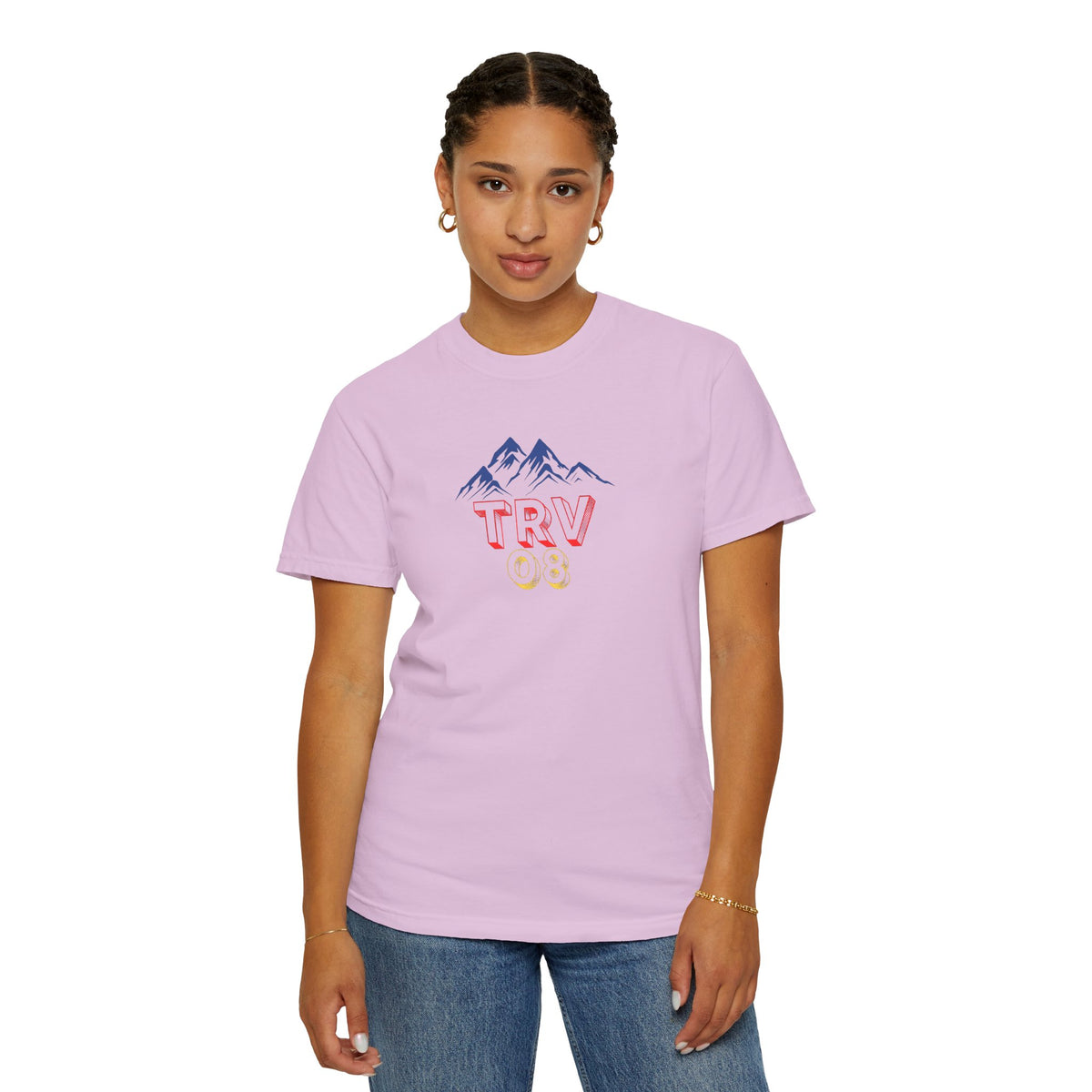 Unisex garment-dyed T-shirt with TRV08 Logo print, made by Printify, featuring a casual fit and soft fabric.