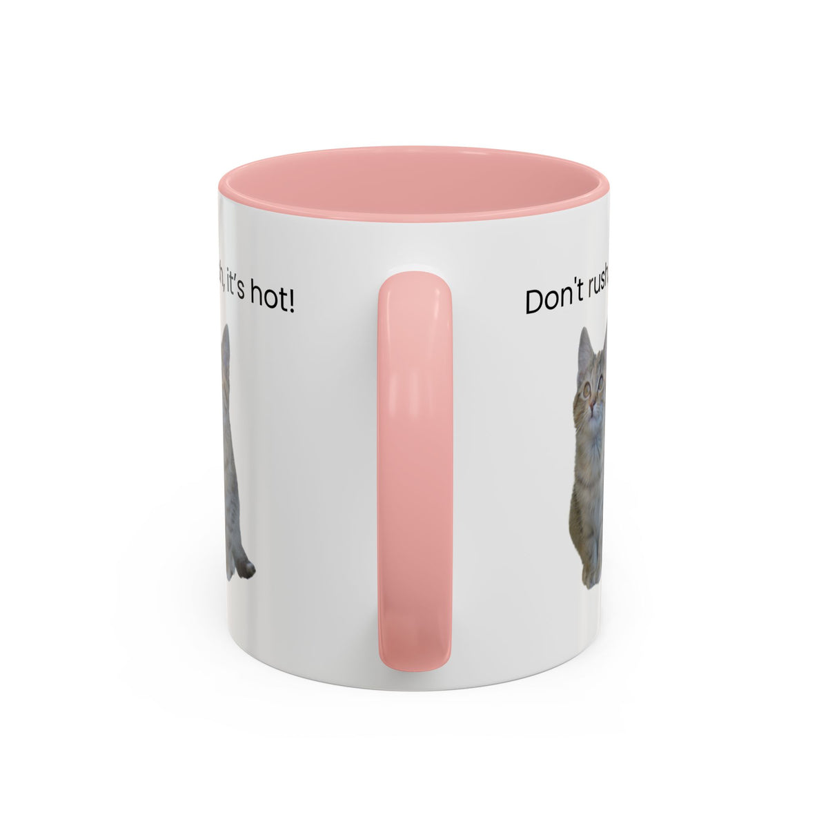 Ceramic cat coffee mug with "Don't rush, it's hot!" text, 11 oz, featuring a playful cat design on a white background.
