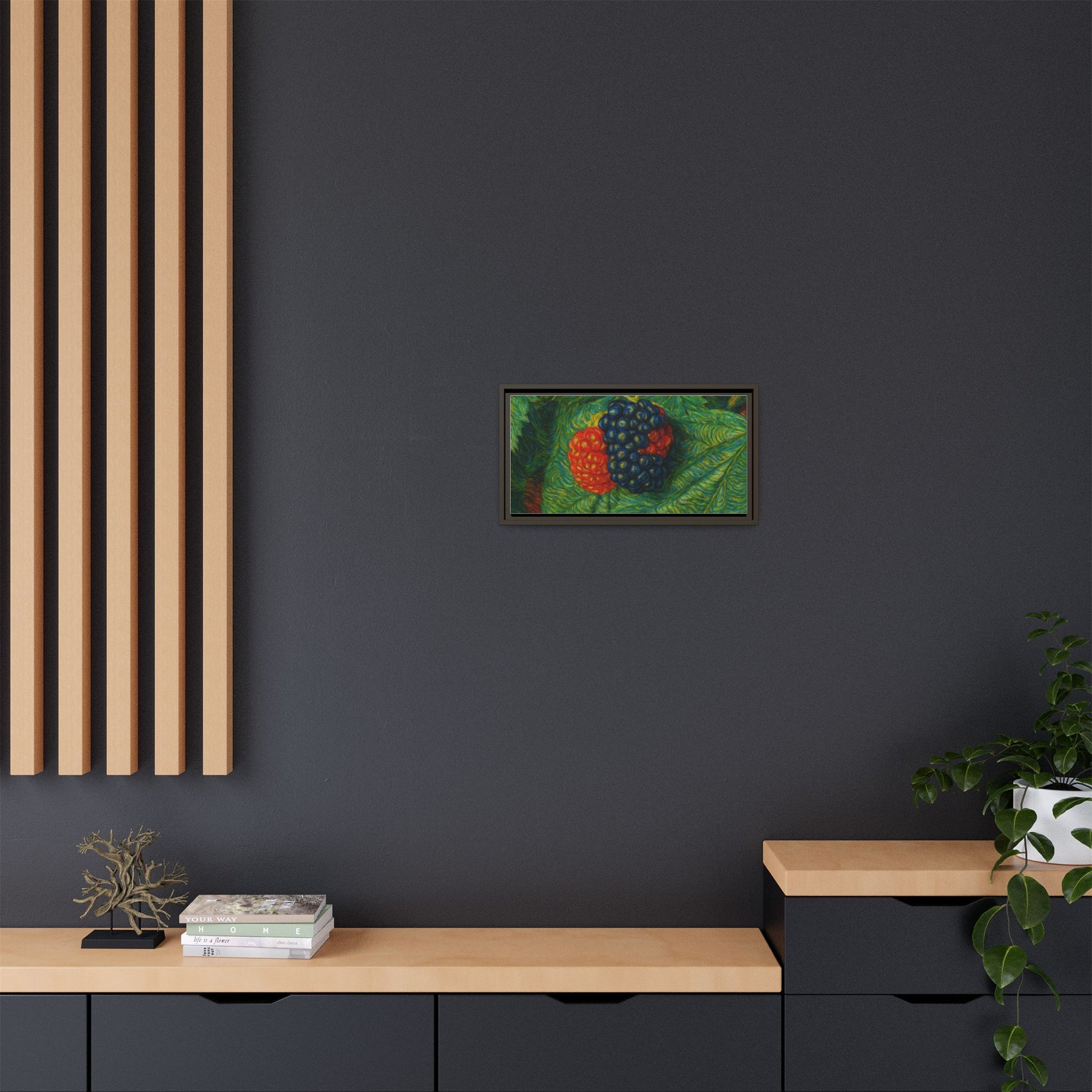 Blackberry still life framed canvas print by Printify, featuring a detailed watercolor painting of ripe blackberries in a natural setting.