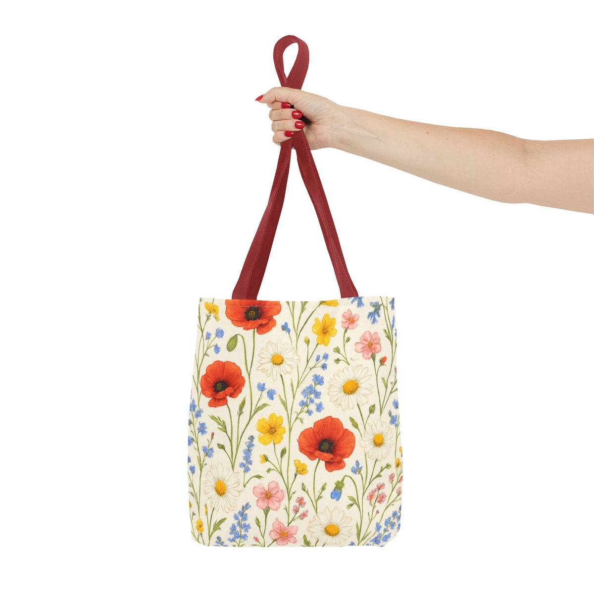 Wildflower Poppy print tote bag by Printify featuring a floral all-over pattern with vibrant poppies and green leaves.
