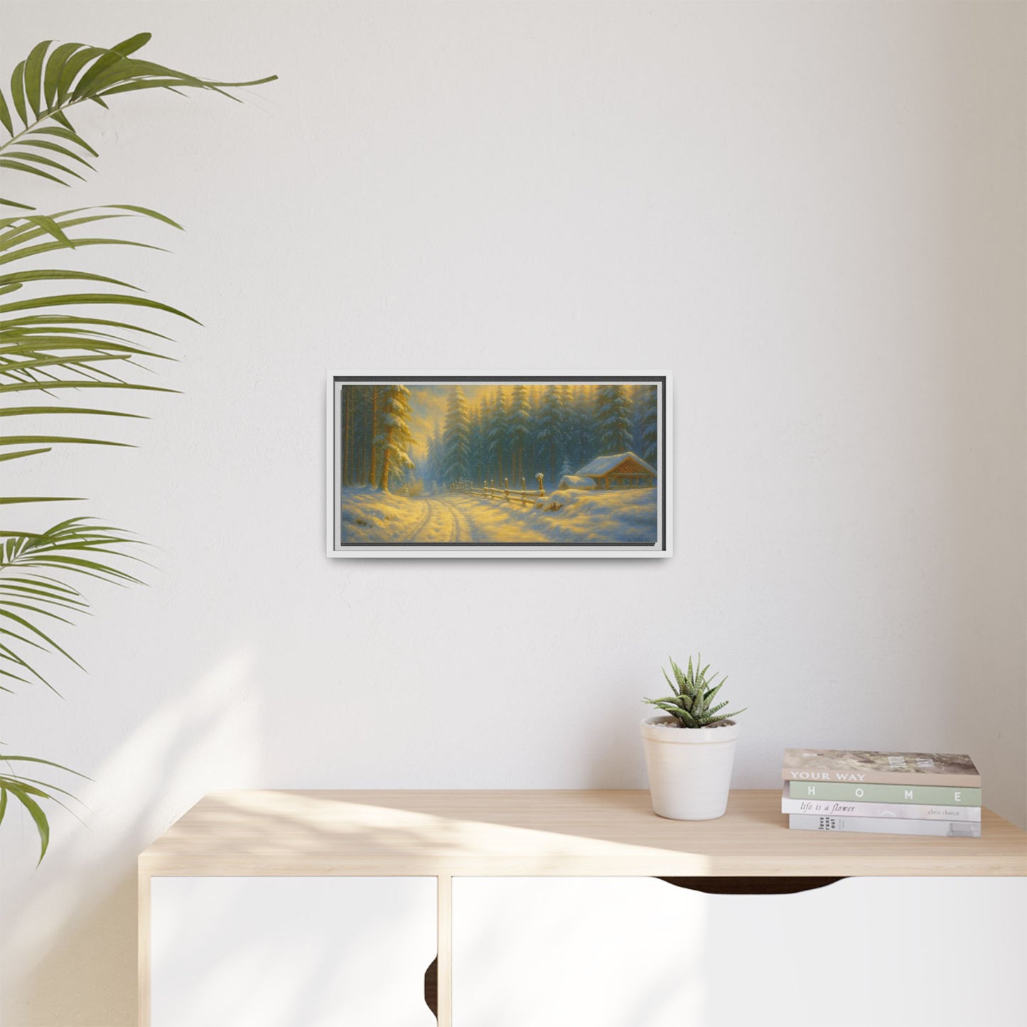 Framed winter cabin canvas print featuring a snowy forest sunset, wall art by Printify with vibrant winter landscape imagery.