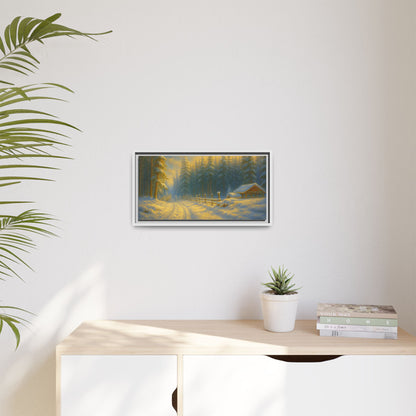 Framed winter cabin canvas print featuring a snowy forest sunset, wall art by Printify with vibrant winter landscape imagery.