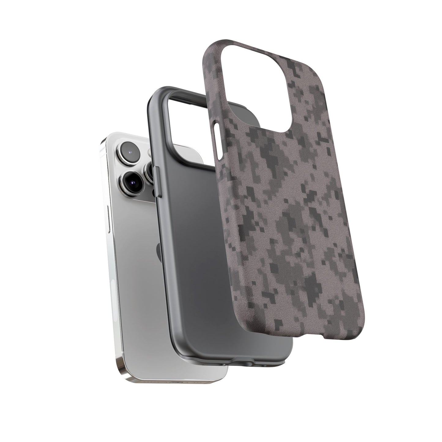 Gray digital camouflage phone case by Printify, tough protective cover fitting smartphones with a rugged camo design.