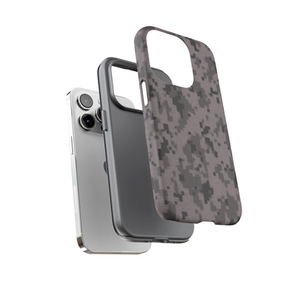 Gray digital camouflage phone case by Printify, tough protective cover fitting smartphones with a rugged camo design.