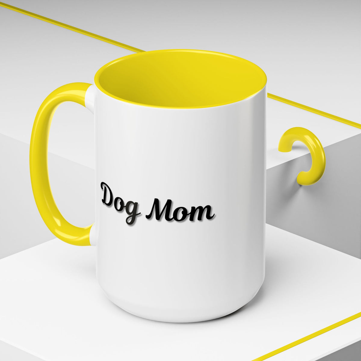 Dog Mom Accent Coffee Mug — white ceramic coffee mug with retro script "Dog Mom" print, colored interior and C-handle, 11oz/15oz, additional angle