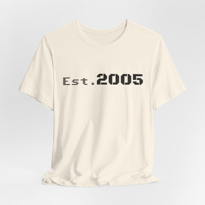 Printify minimalist Est. 2005 T-shirt celebrating anniversary year, featuring simple design and comfortable fabric.