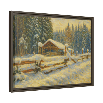 Snowy cabin winter landscape canvas wall art by Printify, featuring a cozy mountain scene with snow-covered trees and a rustic cabin.
